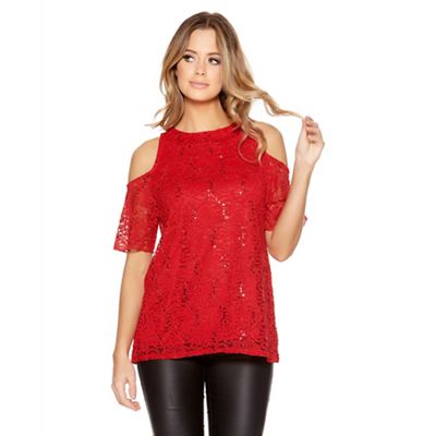 Red Lace Sequin Cold Shoulder Top